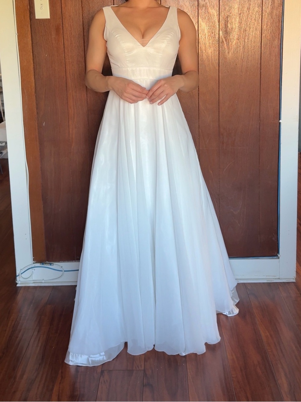 V-Neck White A-Line Maxi Dress